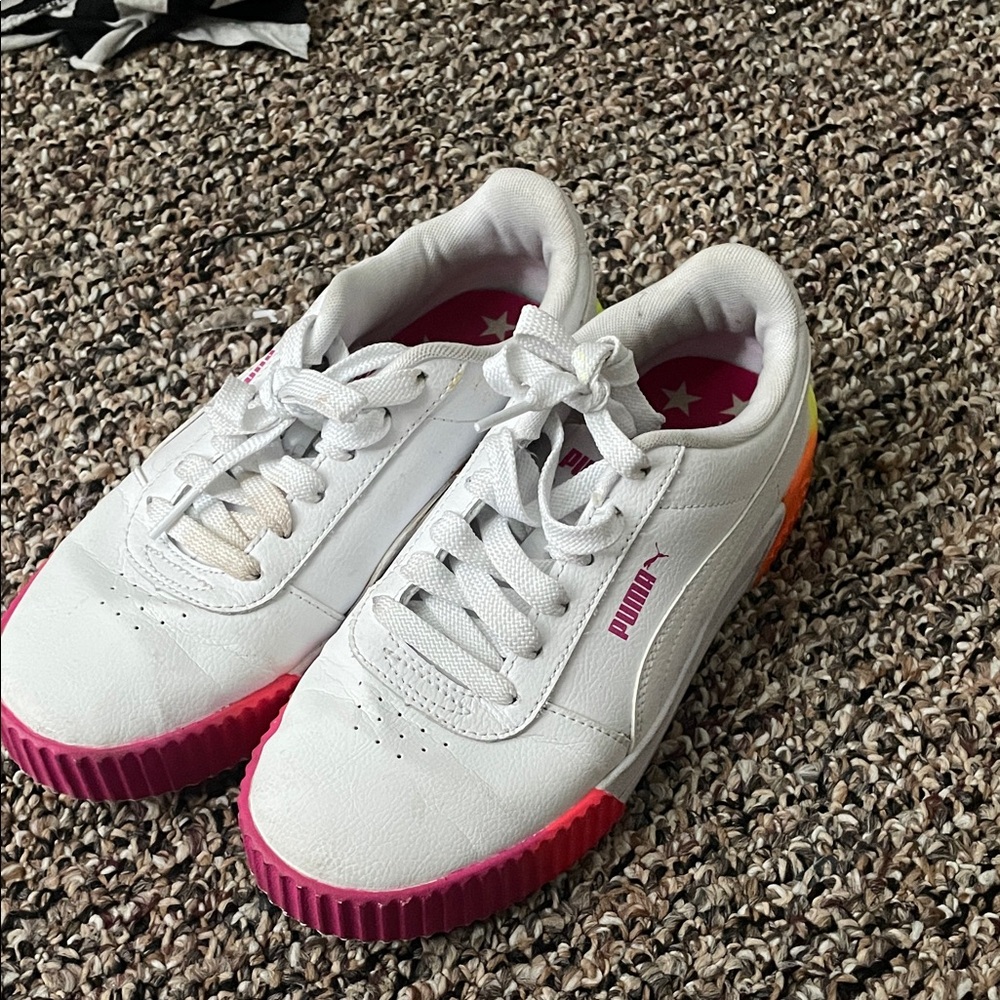 Puma Kids White Sneakers with Pink and Orange Accents